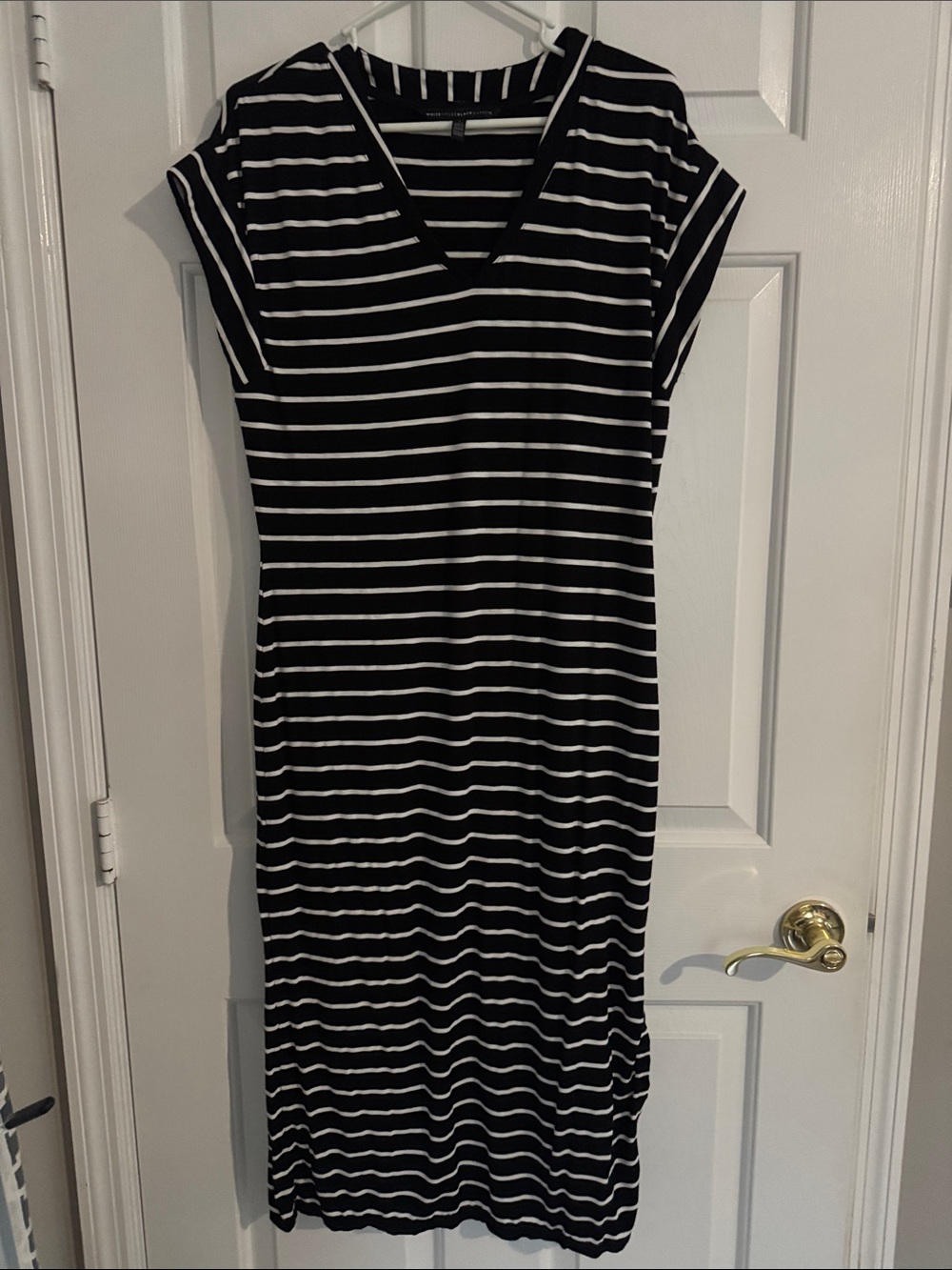White House Black Market Black & White Striped V-Neck Midi Dress